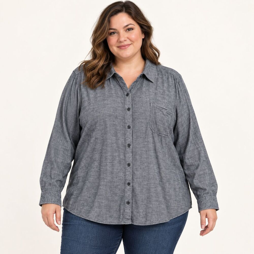 Dickies Long Sleeve Button Front Shirt Women 3X Gray Herringbone 100% Cotton EUC